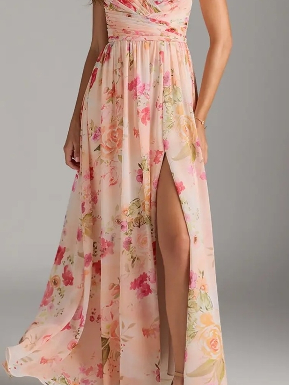 Beautful Floral Pink Chiffon Maxi Dress with Side Slit